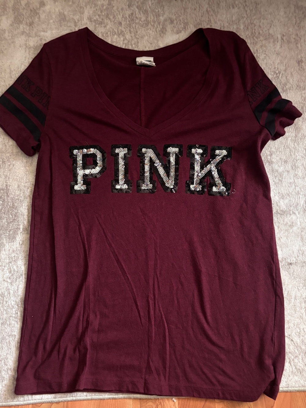 Sequin PINK Logo V-Neck Tee - Victoria’s Secret - Burgundy T-Shirt